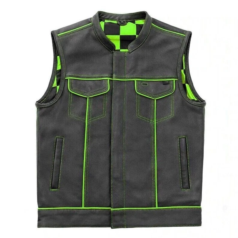 Men's Black Cowhide Leather Motorcycle Vest Checkered Lining Club Biker Vest - Image 3 of 4