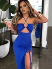 Women's Sexy Ruched Bodycon Halter Criss Cross Cut Out Backless Midi Dresses