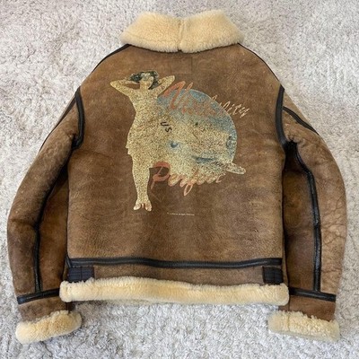 AVIREX B3 Flight Jacket USA Made Sheepskin Shearling Back Print M Vintage Auth