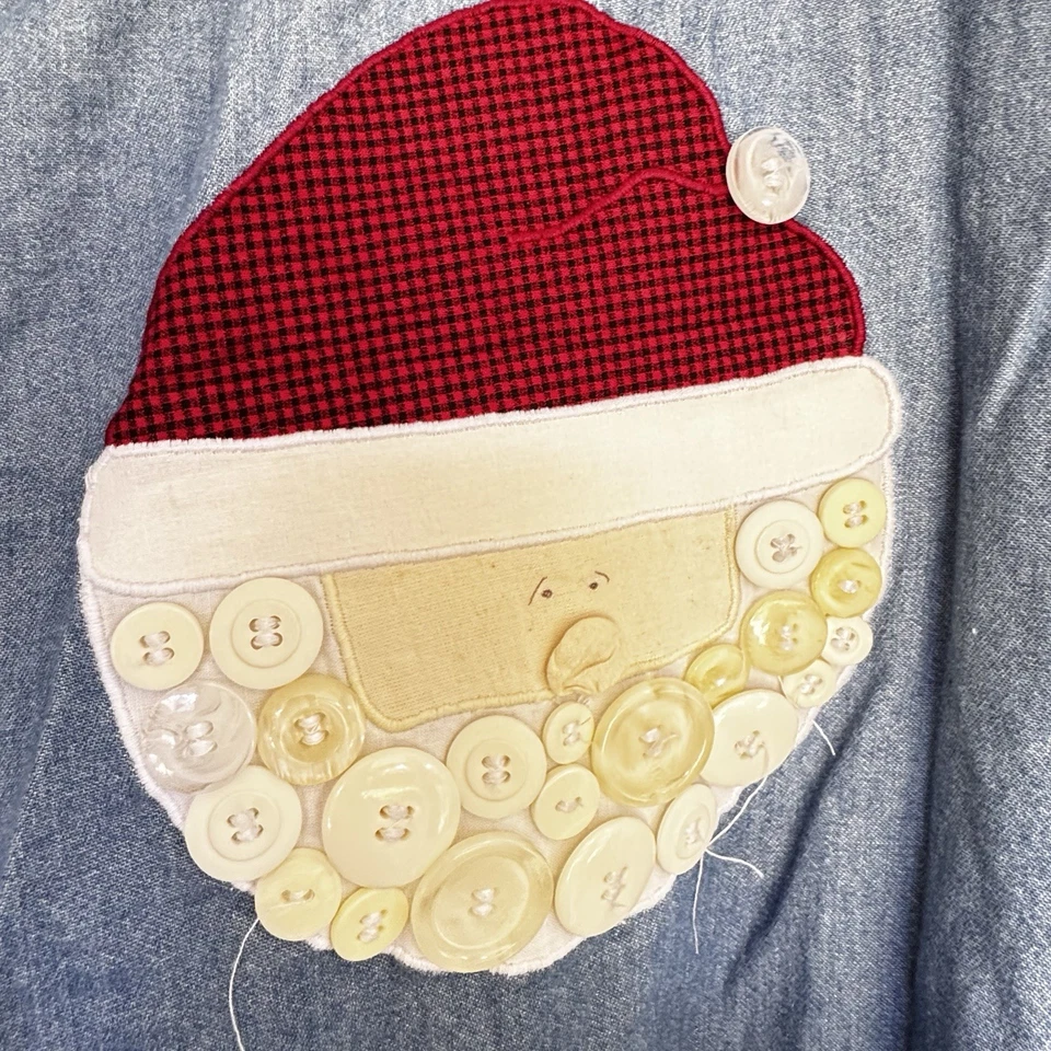 Y2K Blue Diamond XL Ugly CHRISTMAS DENIM SHIRT Embroidered buttoned Tree Santa - Image 3 of 4