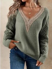 Ladies V-Neck Lace Knitted Jumper Loose Casual Hollow Pullover