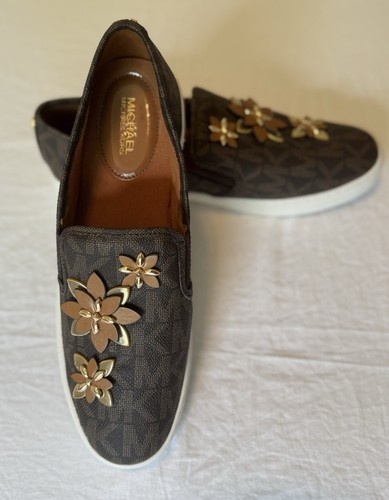 Michael KORS Women Size 10 Leather Monogram Slip On Tennis Shoes New Flowers - Picture 2 of 8