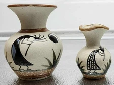 2 Handcrafted Tonala Mexican Pottery Vases Kokopelli Agave Mexico Sandstone READ