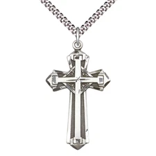 Large Large Mens Pewter Cross Medal Pendant 24" Lobster Claw Chain Necklace