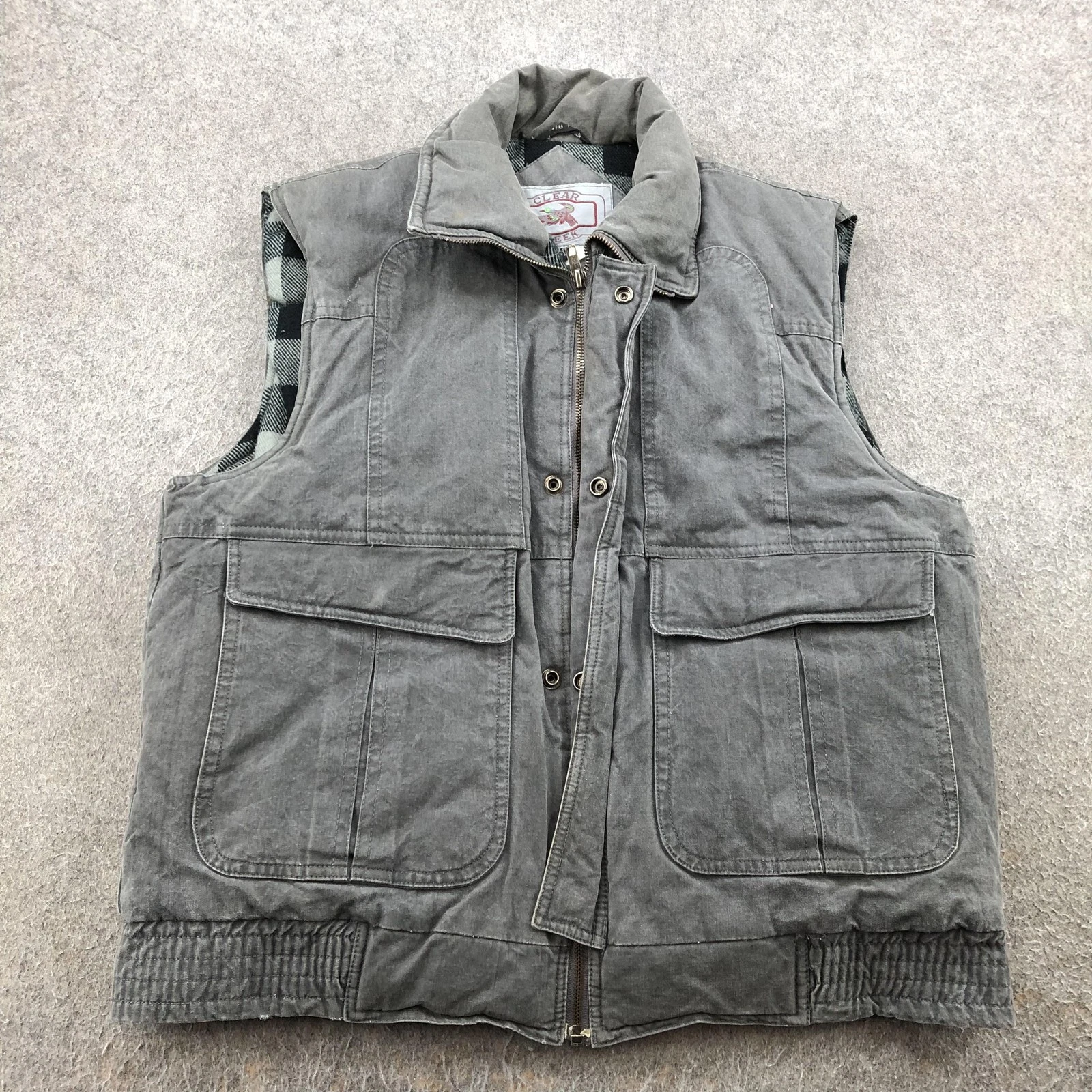 Vintage Clear Creek Vest Mens Medium Gray Canvas Quilted Lined Workwear Pockets