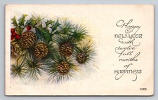 Vintage New Year Postcard Pinecones Illustration 517D USA Made Divided Back