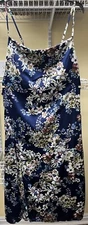 Shein Blue Floral Print Adjustable Spaghetti Strap Satin Dress Size Large New