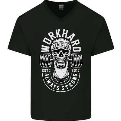 Work Hard Gym Training Top Workout Weights Mens V-Neck Cotton T-Shirt