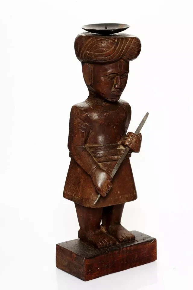 Antique Old Wooden Hand Carved Tribal Watch Man Statue Candle Stand Sculpture - Image 2 of 4