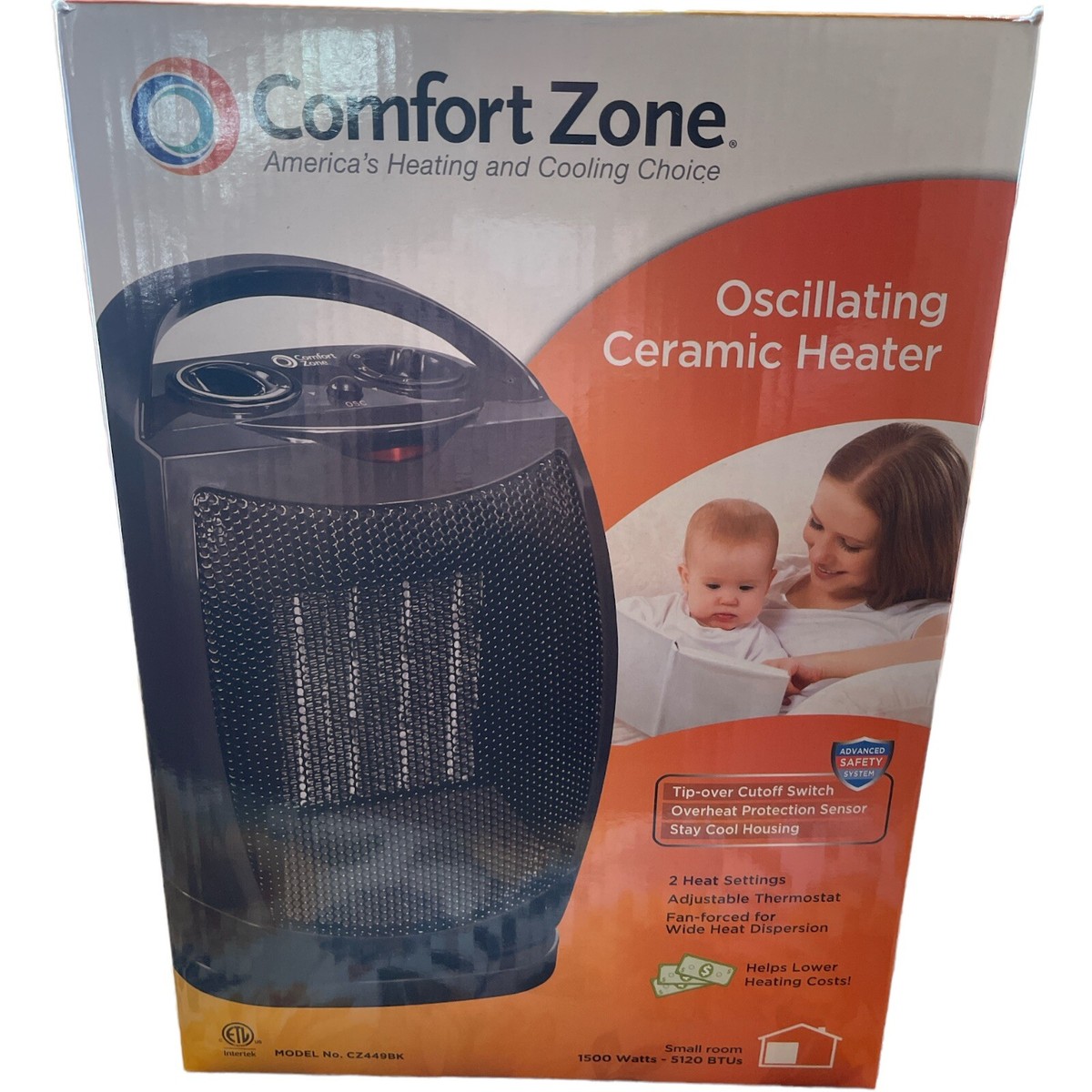 Comfort Zone CZ449BK 1500W Oscillating Ceramic Electric Heater W/Tip Cutoff