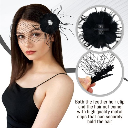1920s Flapper Accessories Black Feather Veil Fascinator with Hair Clip Tea Pa... - Picture 4 of 8
