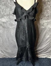 Ballbella Maxi Dress Black  Large Dark Mermaid Ruffle Hi Low Hem Lace Overlay