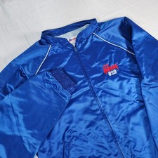 Vintage Gibson USA Guitar Satin Bomber Jacket Royal Blue Size XL 90s Zip Up