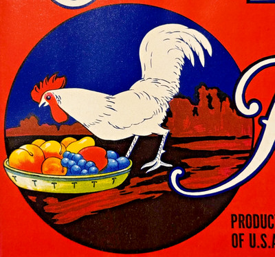 Vintage 1930s Our Pick Crate Label, Large, Loomis, CA, Rooster Rustic Farm Decor