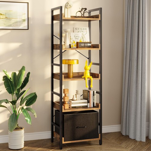 Bookshelf 5 Tier with Removable Drawer, Tall Narrow Bookcase, Industrial Wood...