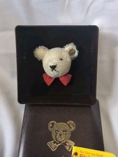 Steiff Mohair Teddy Bear Pin With Red Bow Tie 1984 With Original Box And Tag