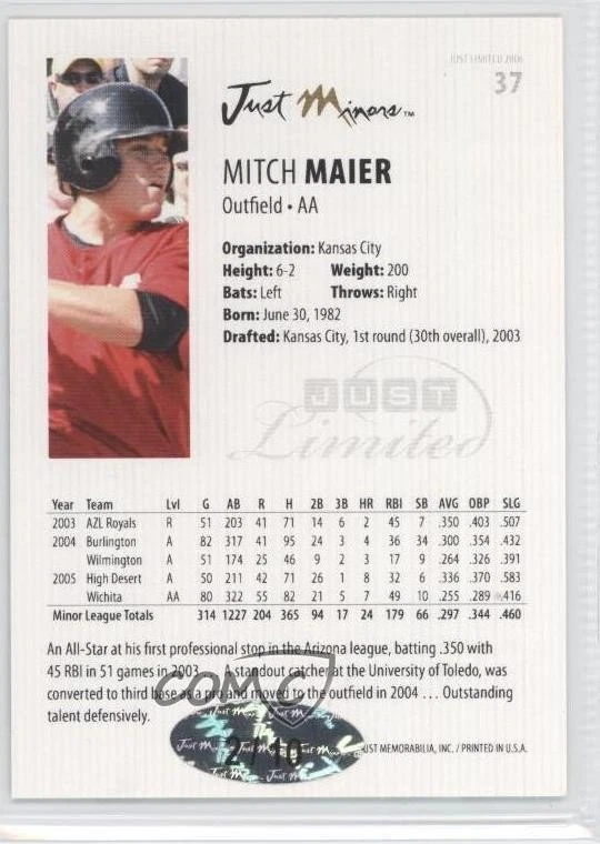 2006 Just Minors Just Limited Auto /10 Mitch Maier #37 Auto - Image 2 of 2
