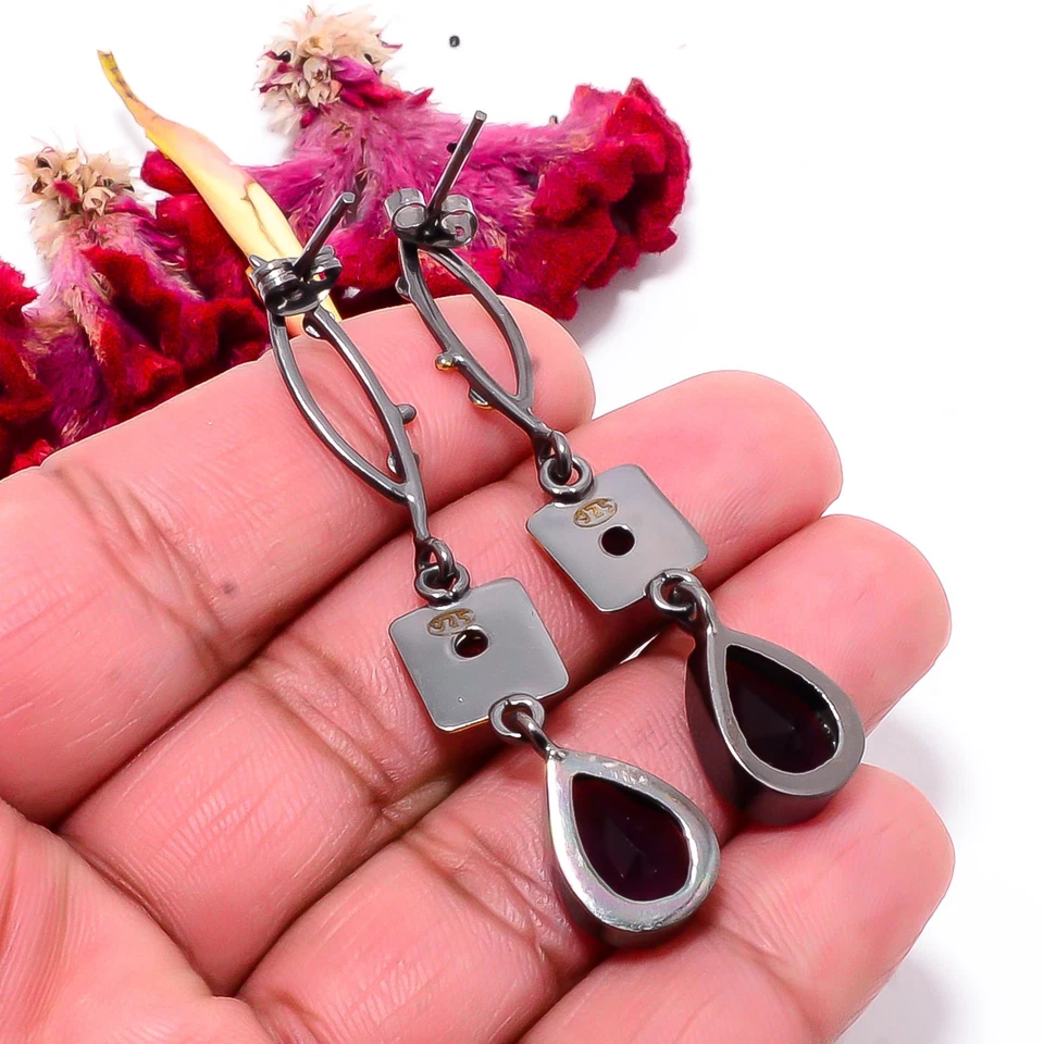 Pendiente amatista púrpura plata de ley 925 negro y oro rodio 2,34" Sku40 Foto 2 de 4