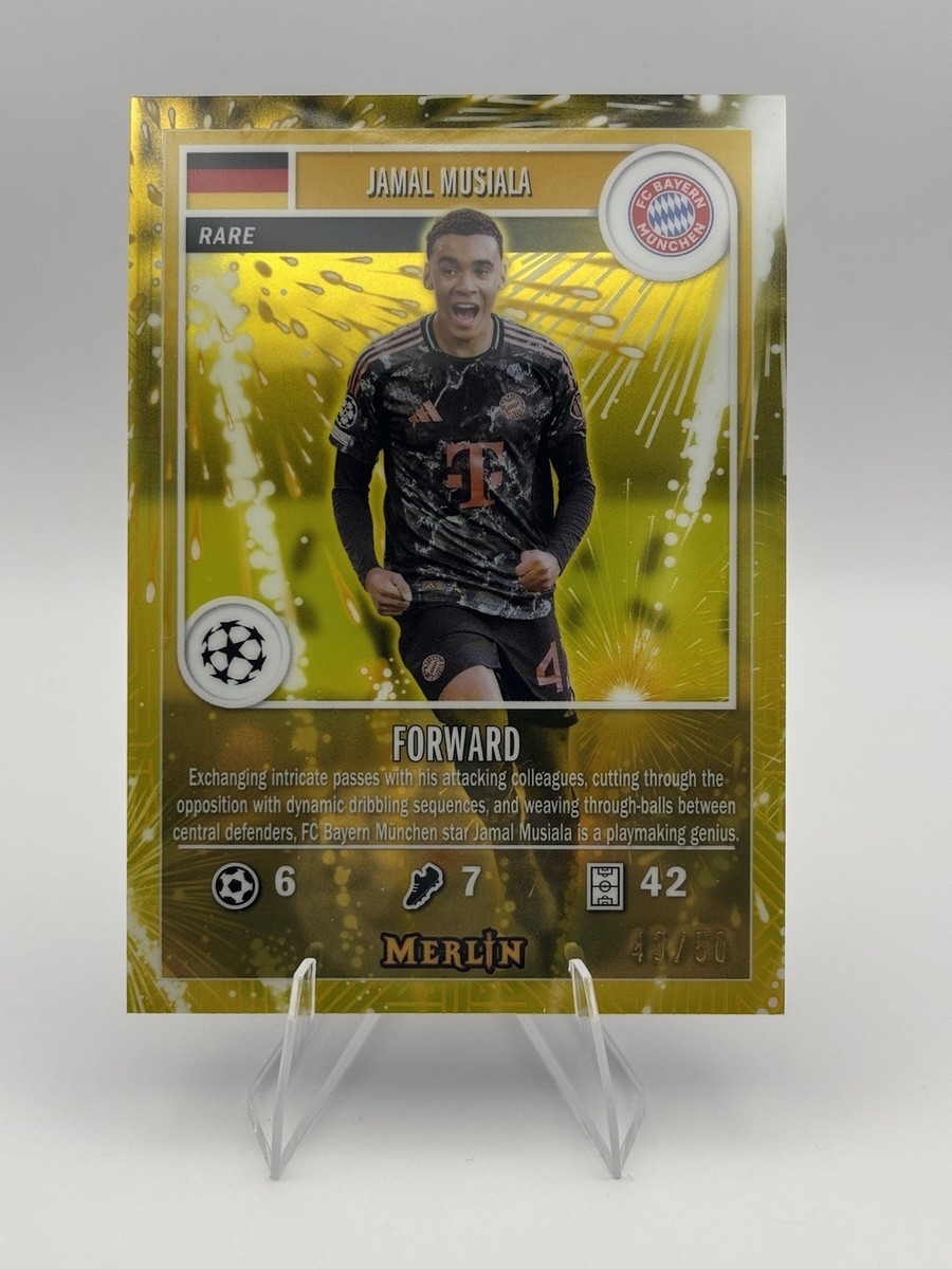 Jamal Musiala 2024-25 Topps Merlin UEFA Merlin's Gamers Gold /50