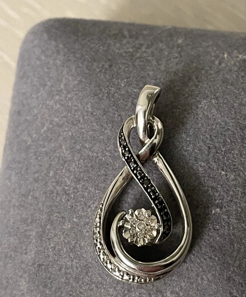Kay Jewelers 925 Sterling Silver White And Black Diamond Chips Pendant Ribbon - Image 2 of 4