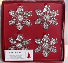 Bella Lux Crystal Silver Tone Christmas Holiday Snowflake Ornament Set of 4 NIB
