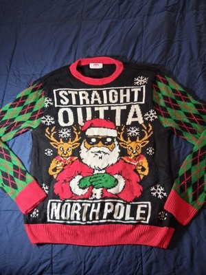 Holiday Time ''Light-Up'' Straight Outta North Pole Mens L Ugly Chrsitmas Sweater