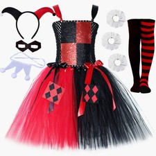 Girls Scary Clown Costume Halloween Jester Cosplay Fancy Dress Up Party Outfit