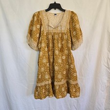 Old Navy Women's Yellow Floral Boho Puff-Sleeve Summer Mini Swing Dress Medium