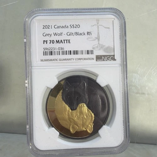 2021 $20 1OZ CANADA GREY WOLF BLACK & GOLD RHODIUM NGC PF70 SILVER PROOF !
