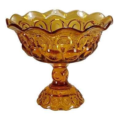 LE Smith Moon And Stars Amber Glass Pedestal Open Candy Dish  7.5'' Tall