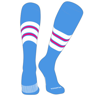 Striped OTC Baseball, Softball, Football Socks (E) Sky Blue, White, Hot Pink