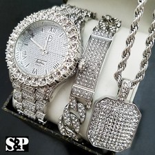MENS ICED HIP HOP SILVER PT WATCH FULL ICED NECKLACE BRACELET COMBO SET