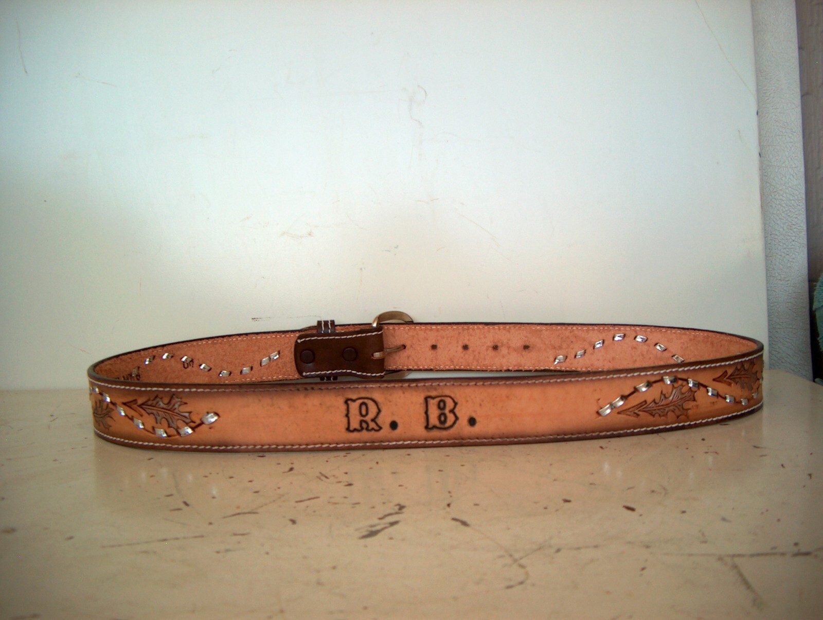 Custom Initials R.B. Leather Belt 44 Inch Genuine Cowhide Strap-image