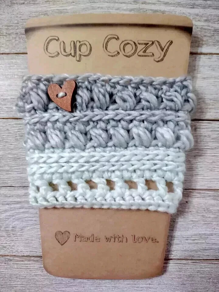 handmade crochet coffee cozy drink cozy sleeve heart button gray dots