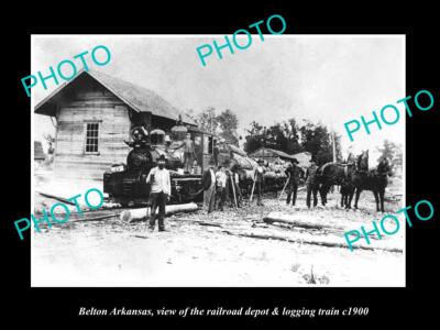 OLD LARGE HISTORIC PHOTO OF BELTON ARKANSAS THE RAIROAD DEPOT & LOG TRAIN c1900