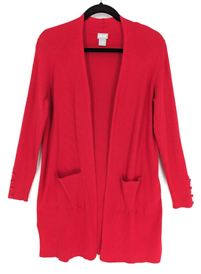Chico's sizs 0 US small red fabric buttons long open knit sweater cardigan
