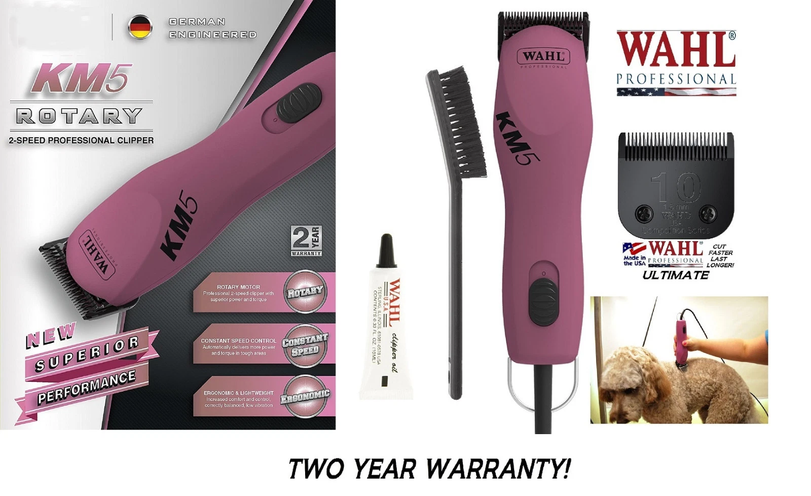 Wahl KM5 PINK PRO Pet Grooming SUPER DUTY Clipper SET&ULTIMATE 10 Blade Set