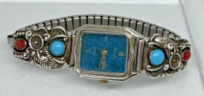 Vintage Navajo Native American Watch w/tips Silver Turquoise Coral Skyway Tradin