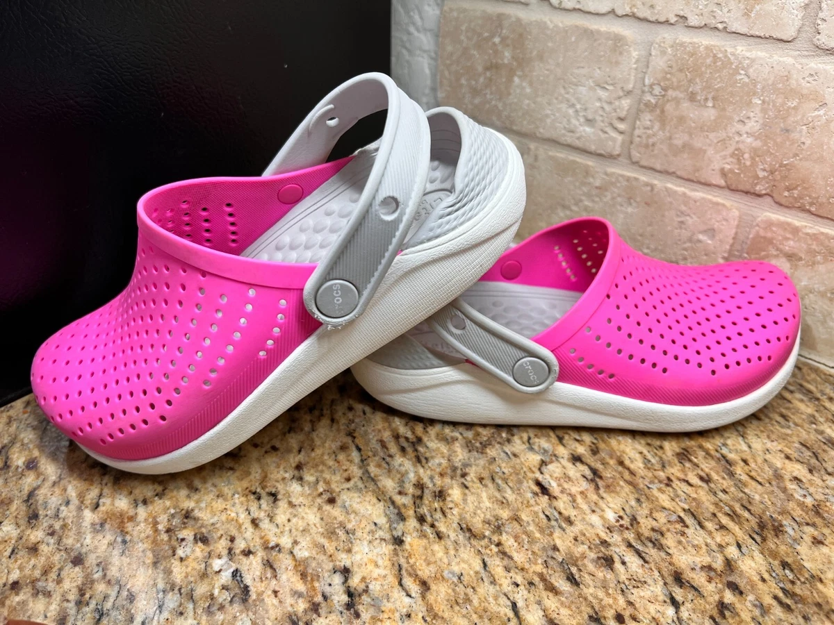 Crocs LITERIDE 205964 Kids Girls Clogs Slip On Pink White Juniors Size J3