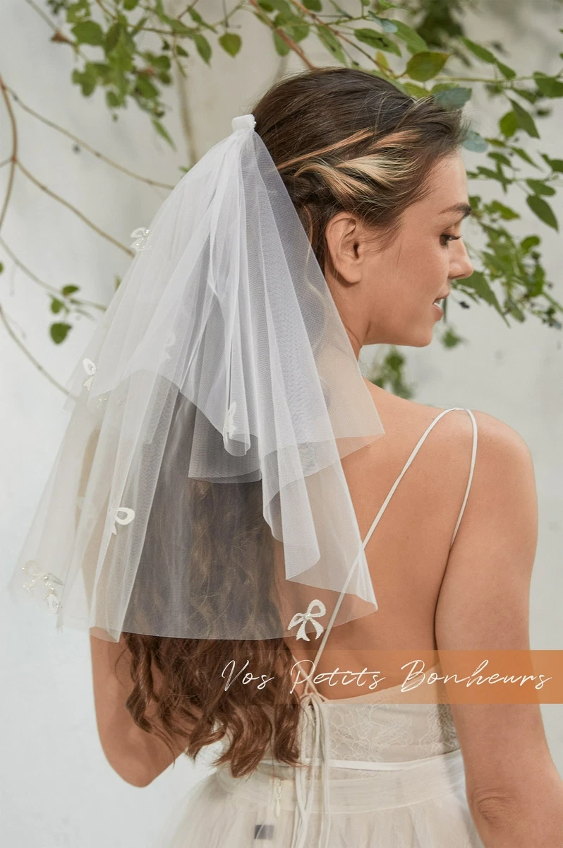 Ivory Veil with Mini Bows Pearl Beads Sparkle Veil Short First
