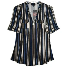 Cocomo Plus Size 1X Black Multicolor Stripe Print Pintuck Short Sleeve Top