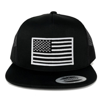 Oversize XXL Black White USA Flag Patch 5 Panel Flatbill Snapback Mesh Cap
