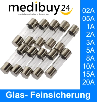 MEDIBUY24 Feinsicherung Glassicherung 5x20mm Flink Sicherung G-Sicherung 250V 0.2 - 20A