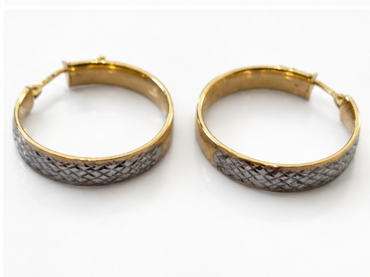 9ct Two Tone Gold Hoop Earrings Patterned White Yellow Italy Hinged Stamped 375 image 3