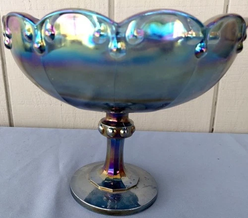 VTG INDIANA IRIDESCENT GARLAND CARNIVAL GLASS COMPOTE PEDESTAL FRUIT BOWL