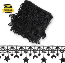 3 Yards Black Embroidered Lace Trim, Vintage Moon and Star Lace Fabric Ribbon fo