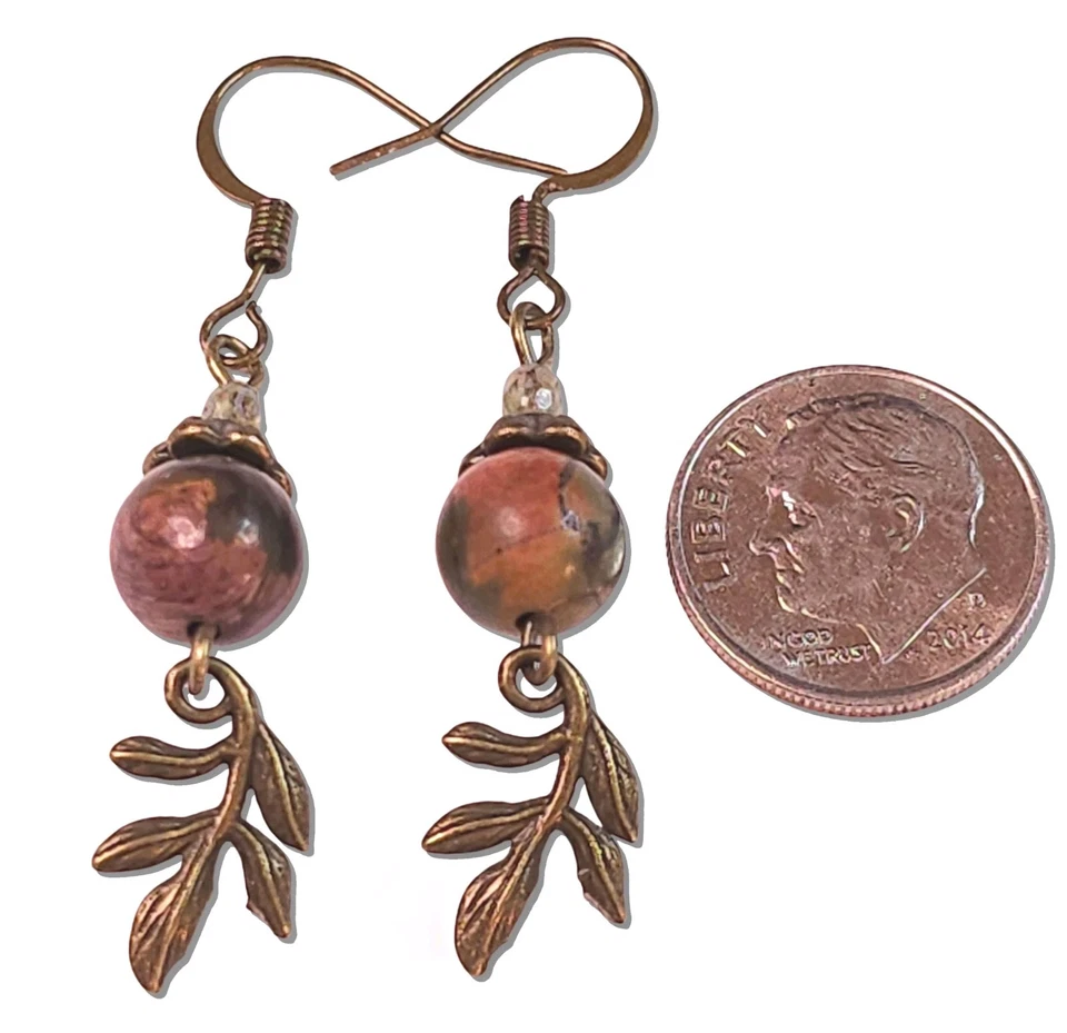 Pendientes Hoja Otoño Picasso Jaspe Gemas Antiguo Bronce Cuelga Hecho a Mano Foto 4 de 4