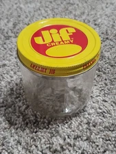 Jif Creamy Peanut Butter 1 Cup Vintage Jar Metal Lid Yellow Red Clear Glass