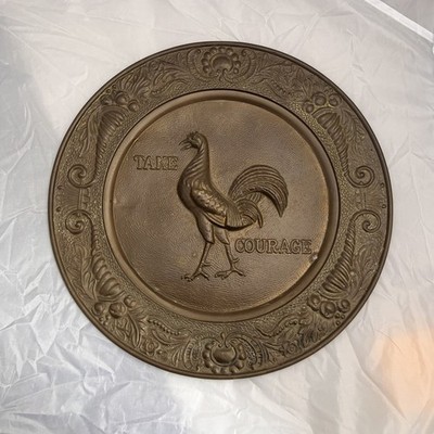 Vintage Courage Brewing Brass Rooster Plate   14  Wall Hanging (DMS Marked)