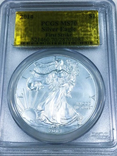 2014 First Strike American Silver Eagle Gold Label PCGS MS70  Beautiful Coin